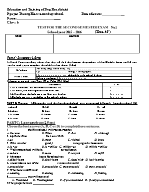 Bộ đề kiểm tra học kỳ II môn Tiếng Anh Lớp 6 - Năm học 2015-2016 - Trường THCS Nguyễn Thượng Hiền